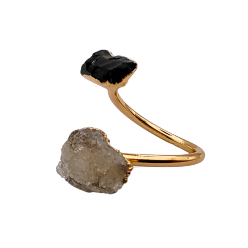 Luxuoso Anel Ajustável de Turmalina Negra e Quartzo Branco - 01