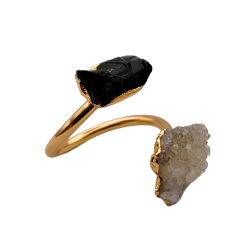 Luxuoso Anel Ajustável de Turmalina Negra e Quartzo Branco - Energiza.ME - Acessórios em Pedras Naturais e Terapias