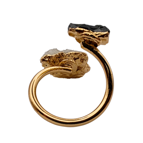 Luxuoso Anel Ajustável de Turmalina Negra e Quartzo Branco - 03